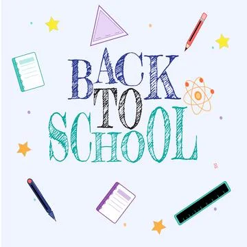 Back to School Handwritten Text with Supplies and Stars on Blue Stock Illustration
