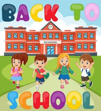 Back to school. Happy school children in front school building Ilustración de archivo