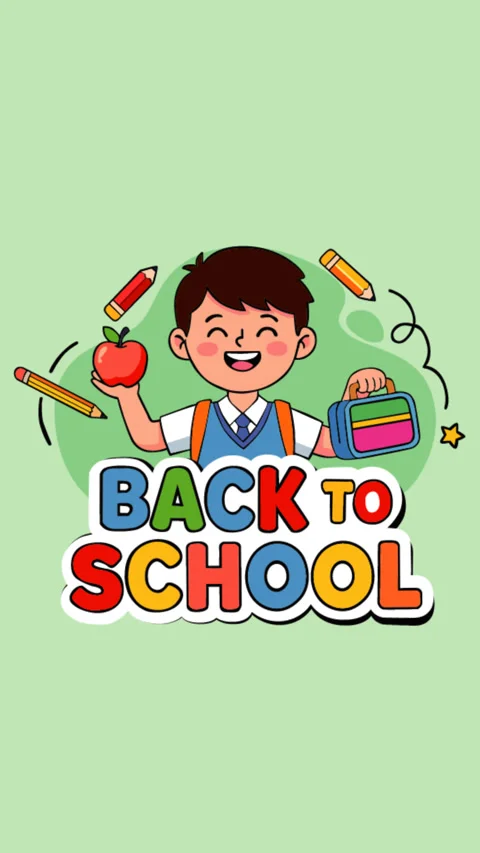 Back to School Happy Student with Backpack, Apple and Learning Supplies Anim Stock Footage 337594263