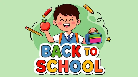 Back to School Happy Student with Lunch Box, Apple and School Supplies Educa Video stock 337516736