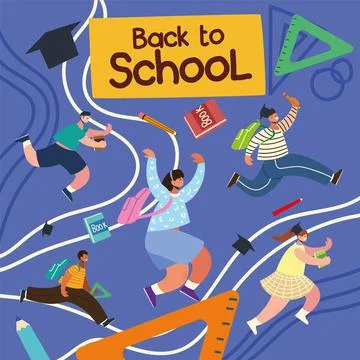 Back to school happy students running school bag education elements Stock Illustration