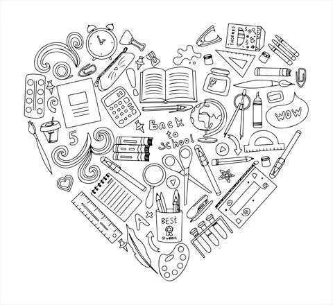 Back to school heart. Big vector doodle set. Stationery for school, university Stock Illustration