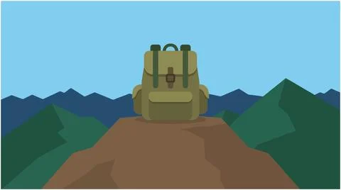 Back to School Hiking backpack resting on mountain summit with scenic view .. Stock Illustration