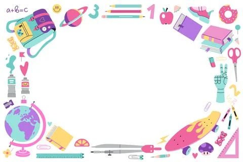 Back to school horizontal banner, round frame with cute stationery and art .. Stock Illustration