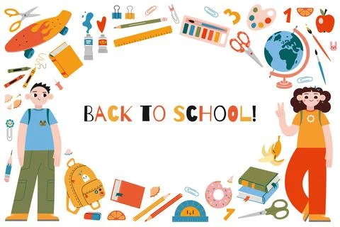 Back to school horizontal banner with round frame, cartoon style. Classmate.. Stock Illustration