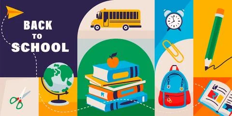 Back to school horizontal banner with school supplies and bus. Color vector g Stock Illustration