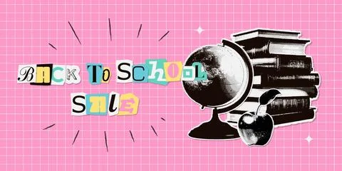 Back to school horizontal banner template. Halftone contemporary collage with Stock Illustration