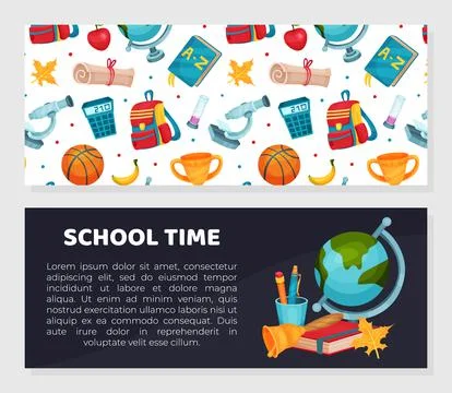 Back to school horizontal banner templates set. School time poster, card イラスト素材