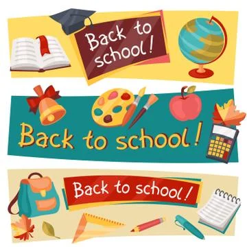 Back to school horizontal banners with education icons Stock Illustration