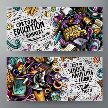 Back to School Horizontal Doodle Banner Set with School Supplies イラスト素材