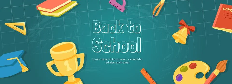 Back to school horizontal web banner. Ruler, books, golden cup, graduation ca Stock Illustration