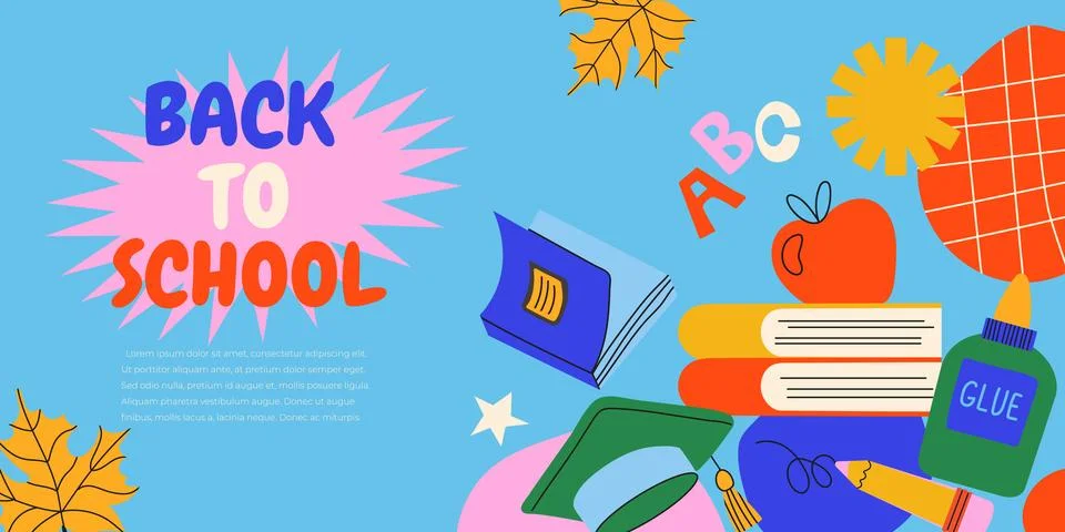 Back to school horizontal web banner template with school supplies, books, .. 스톡 일러스트