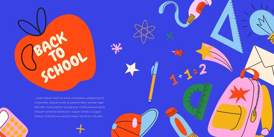 Back to school horizontal web banner template with school supplies, colorfu.. 스톡 일러스트
