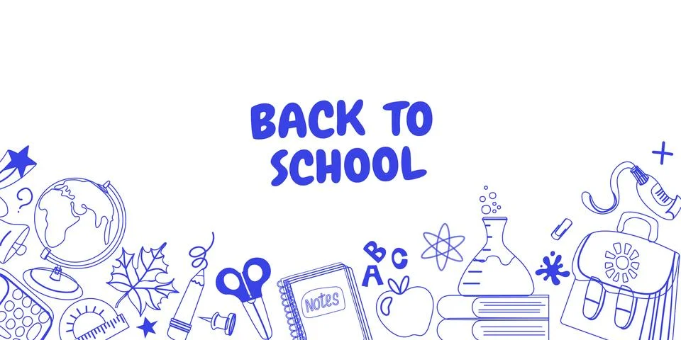 Back to school horizontal web banner template with blue line art school sup.. 스톡 일러스트