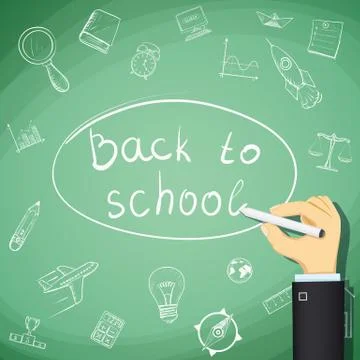 Back to school. Human hand draw doodles on a chalkboard. Stock V Stock Illustration