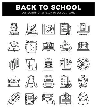 Back to school icon set alarm clock on book. ruler and pencil. CD. checklist. Ilustración de archivo