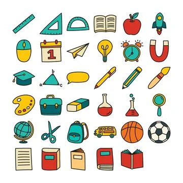 Back to school icon set filled outline style. Education hand drawn objects an Stock Illustration