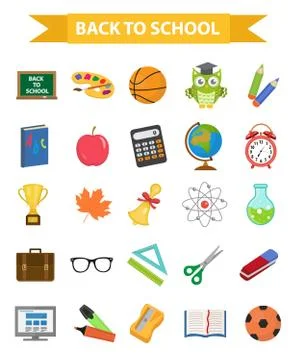Back to school icon set, flat, cartoon style. Education collection of design  Stockillustratie