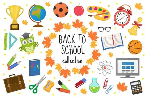 Back to school icon set, flat, cartoon style. Education collection of design  库存插图