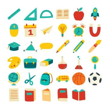 Back to school icon set flat color style. Education hand drawn objects and sy Stock Illustration