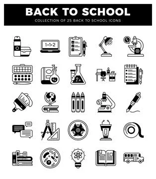 Back to school icon set. flat design. black and white icons on white backgr.. Stock Illustration