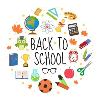 Back to school icon set in round shape, flat, cartoon style. Education collec イラスト素材