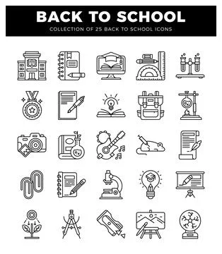 Back to School icon set with school building. notebook. computer. and scien.. 스톡 일러스트