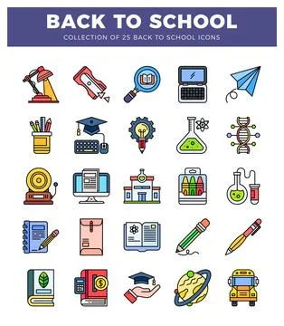 Back to School icon set showing various school supplies and concepts. educa.. Stock Illustration