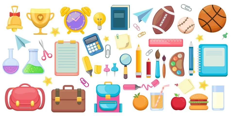 Back to school icon set vector illustration. Colorful school stationery supplies Stock Illustration