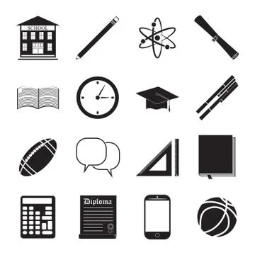 Back to School icon vector set, school building, pen, pensil, sport items, di Stock Illustration