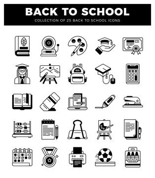 Back to school icons in black and white with educational and artistic element Illustrazione stock