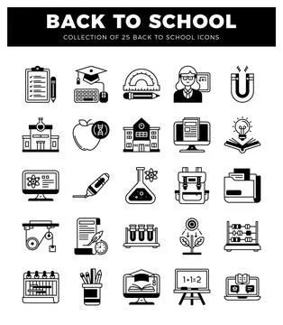 Back to school icons in black and white. representing education and learnin.. Ilustración de archivo