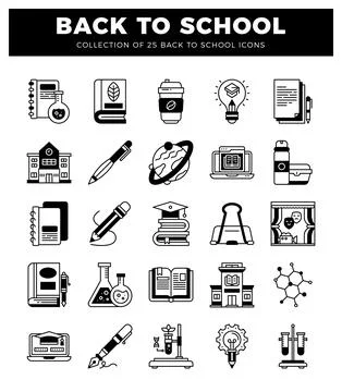 Back to School Icons in Black and White Ilustración de archivo