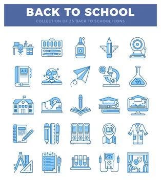 Back to school icons in blue line art on a white background Stock Illustration