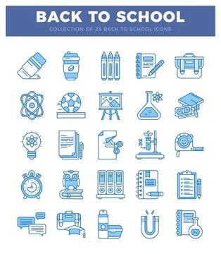Back to school icons in blue linear style on a white background. Stock Illustration