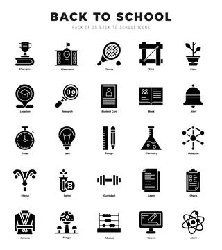 Back To School Icons bundle. Glyph style Icons. Vector illustration. Ilustración de archivo
