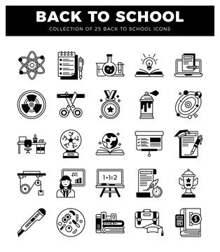 Back to school icons collection with educational and science symbols. Black.. Stock Illustration