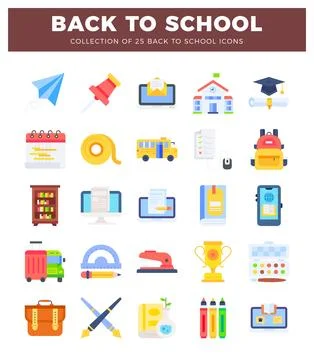 Back to school icons collection with educational and office supplies. flat .. Stock Illustration