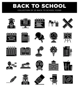 Back to school icons. diverse student and teacher symbols in black and white. Ilustración de archivo