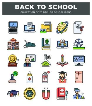 Back to school icons with educational and science symbols on white background Ilustración de archivo