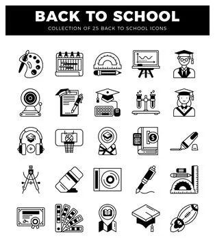 Back to school icons featuring art supplies. math tools. graduation caps. a.. Illustrazione stock