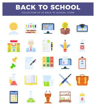 Back to School icons featuring education and science symbols on a white bac.. Stock Illustration