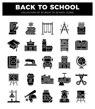Back to school icons featuring educational and school supplies in a white b.. Ilustración de archivo
