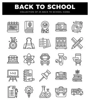 Back to school icons featuring educational and science symbols on a white b.. Stock Illustration