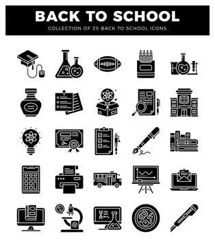 Back-to-school icons featuring graduation cap. beakers. and school building.. Illustrazione stock