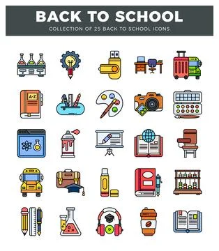 Back to school icons featuring lab equipment. pencils. and books.  Variety .. Illustrazione stock