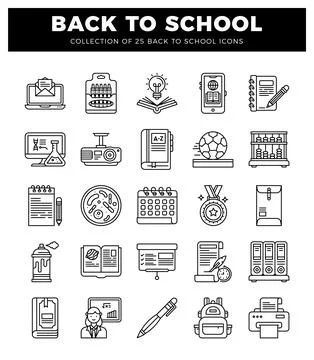 Back to school icons in a grid. featuring educational and stationery items. Stock Illustration
