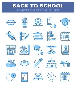 Back to school icons with light blue outlines and white background.  Vector.. Stock Illustration