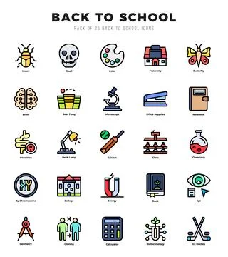 Back To School Icons Pack Lineal Color Style. Vector illustration. Ilustración de archivo