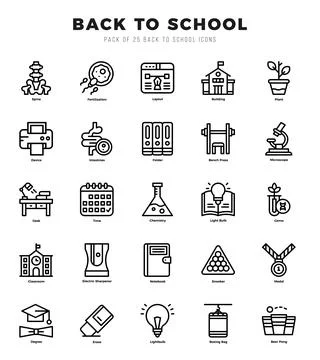 Back To School Icons Pack. Lineal icons set. Lineal icon collection set. Ilustración de archivo